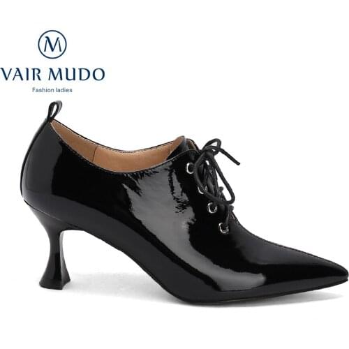 VAIR MUDO Women Pumps Shoes HIgh Heels Pointed Toe Lace Up Black White Office & Career Sewing Thin Heels Women Shoes WM-X134-C
