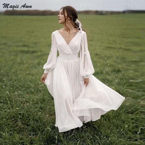 Magic Awn Beach Long Sleeves Chiffon Wedding Dresses V-Neck Open Back Country Boho Mariage Gowns Ankle Length Robe De Mariee