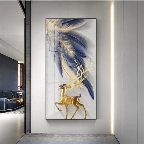 Modern Luxurious Blue Gold Feather Leaves Abstract Canvas Painting Wall Art Print Poster Picture Living Room Home Decoration