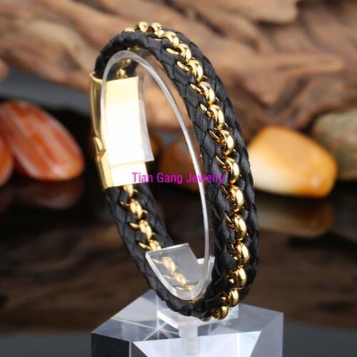 Black Genuine Leather Bracelet Men Bangle With Stainless Steel Fashion New Men Jewelry Rock Chunky Leather Mens Bracelets 2015