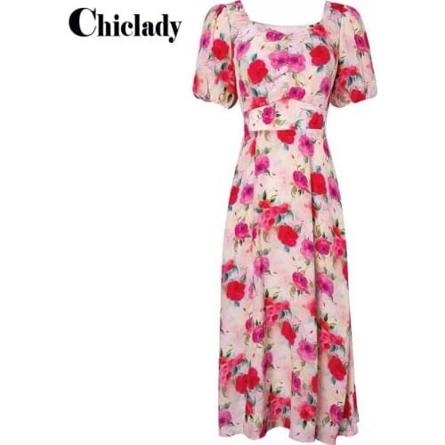 CHICLADY Red flower summer holiday square collar short sleevemidi casual plus size female robe longue vestidos de fiesta dresse