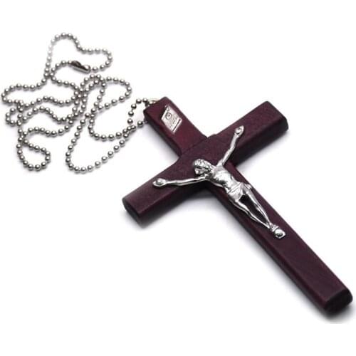 Wooden Religious Jesus Cross Necklace Christian Crucifix Pendent with Chain Jewelry Charm Gifts for Men