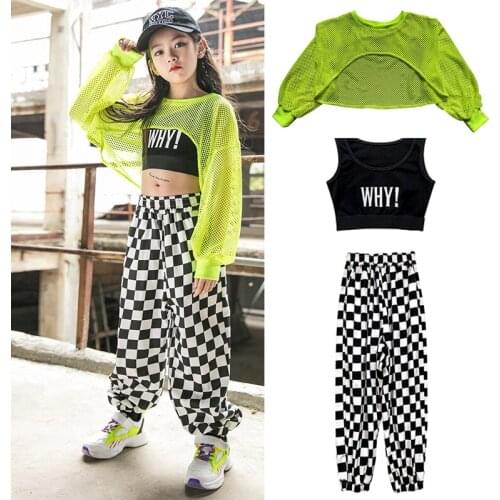 Children Hip Hop Clothing Cropped Fluorescent Green Mesh Tops Casual Pants Girls Jazz Dance Costumes Performance Wear DN9229