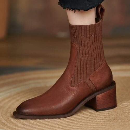 Stretch genuine leather 5.8cm heel leisure thick bottom round toe slip on high street fashion all-match ankle boot TN01 MUYISEXI