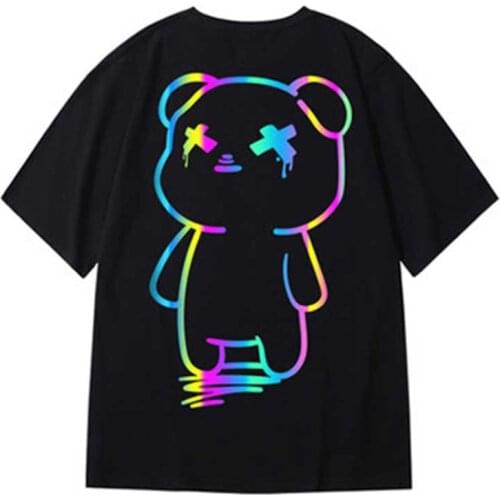 Oversize t shirts Cartoon Bear Print Reflective Rainbow T Shirts Harajuku Streetwear Top Tees Cotton Casual Half Sleeve Clothing
