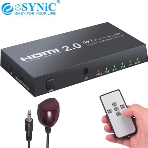 ESYNiC 4K@60hz 4 Port 4X1 Audio Out HDMI Switcher Support HDR10 HDCP 2.2 With IR Wireless Remote Control For PS3/4/4 PRO X-BOX
