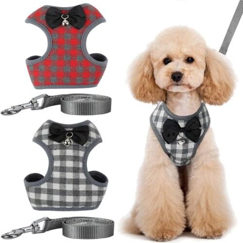 Pet Dog Supplies Puppy Cat Harness and Leash Set Plaid Patterns Harness Vest For Small Dogs Mesh Dress Bow Chest Belt Collar