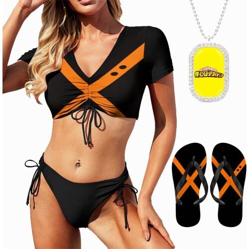 MHA Swimsuit Slipper Necklace My Hero Academia Bikinis Anime Cosplay 3 Piece Women Beach Swim 3D Print Summer Sexy Swimwear Set