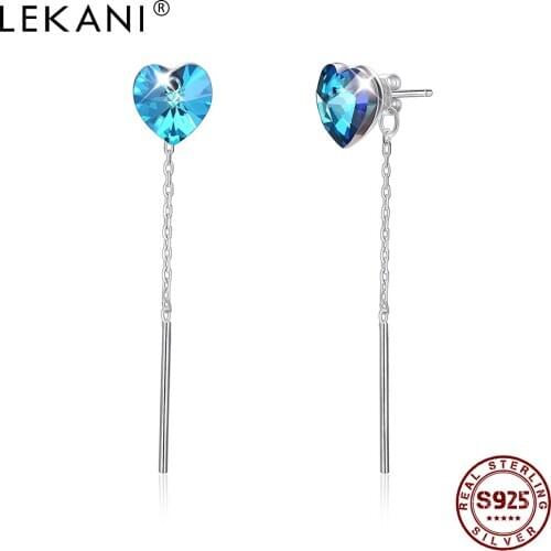 LEKANI 925 Sterling Silver Drop Earrings Women Austrian Crystal Romantic Heart Shaped Long Girl Earring Anniversary Jewelry
