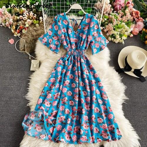 Maxi Dresses for Women Summer Elegant Fashion V Neck Flare Sleeve High Waist Chiffon Print Y2k Sexy Dress Vestido De Mujer 2021