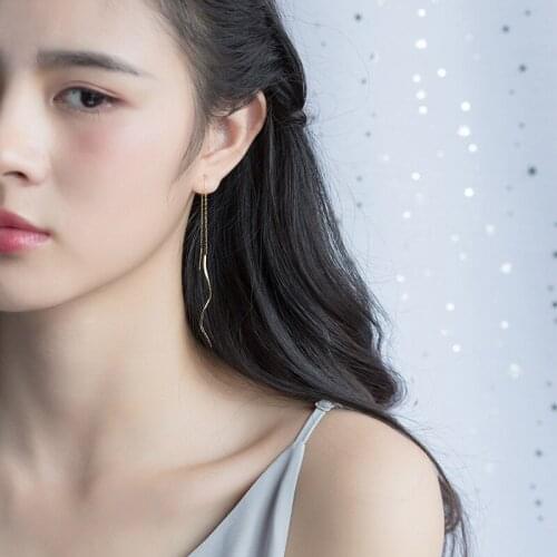 100% Real. 925 Sterling Silver Fine Jewelry Gold Color Waterwave Twisted Threader Pull through Dangle earrings GTLE1665