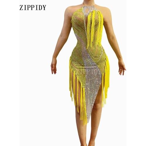 Yellow Tassel Latin Rhinestone Fringes Dress Mesh Transparent Sexy Dress Birthday Celebrate Stones Dancer See Through Costume