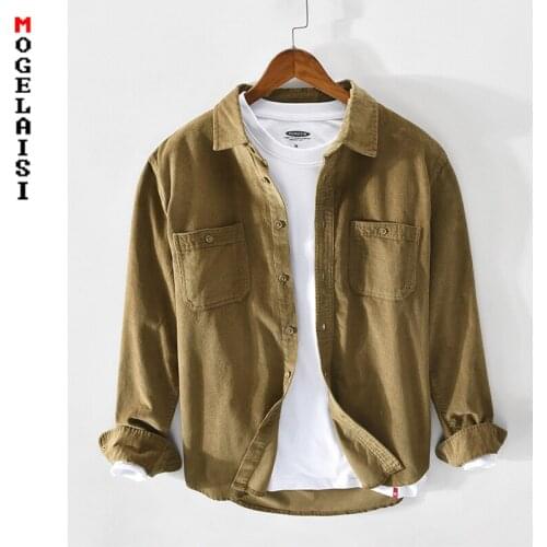 Casual men shirt 100% Corduroy cotton slim tops new spring long sleeve shirts Double pockets clothing camisas masculin Z173