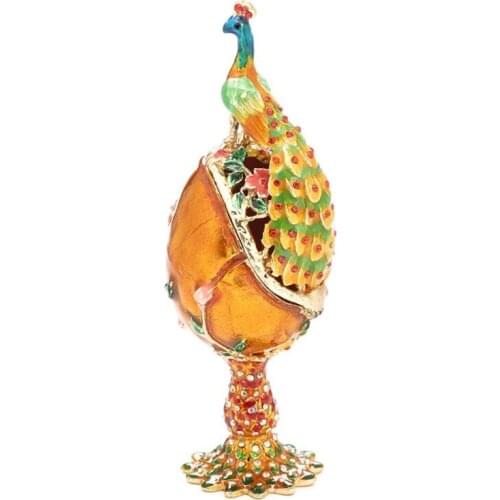 R58E Peacock Shape Faberge-Egg Series Hand Painted Jewelry Trinket Box Unique Gift for Easter Home Decor Collectible