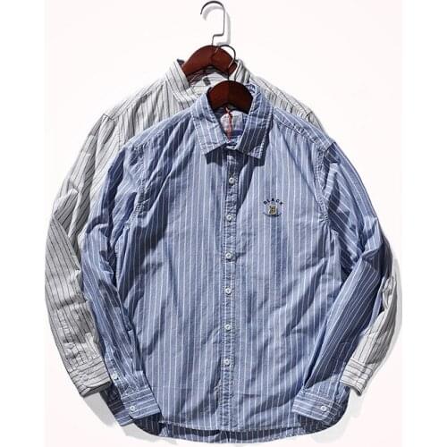 Autumn New Japanese Retro Pure Cotton Long Sleeve Stripe Embroidery Shirt Mens Fashion Classic Casual Washed Old Youth Blouses