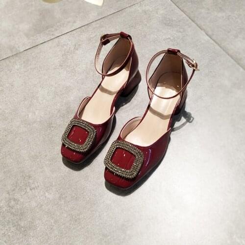 2021 Summer Square Toe Thick Heel Shallow Mouth Square Buckle Strap Retro Grandmother Shoes Hollow Bun Sandals