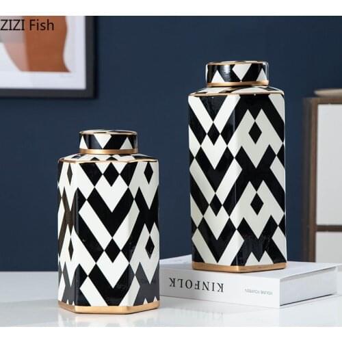 Modern Geometric Black and White Striped Storage Jar Household Ceramic Candy Sealed Jar Vase Sundries Container Home Decoration