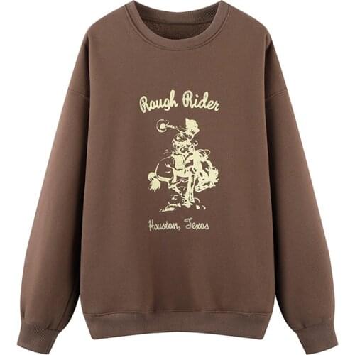 Oversize Girls Soft Cotton Vintage Swertshirt 2021 Office Ladies Fleece Pullovers Loose Women Crew Neck Korean Print Top