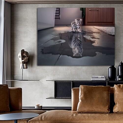 WANGART cat become tiger animal wall art Poster Canvas Wall Pictures for Living Room Posters and Prints Home Decor