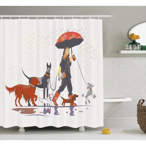 Dog Lover Shower Curtain Young Modern Girl Taking Pack of Dog for A Walk in The Rain Fun Joyful Times Artsy Bathroom Curtains
