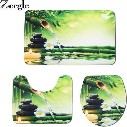 Zeegle Bamboo Printed Carpet Bathroom Toilet Mat Set Anti-slip Bathroom Floor Mats Bath Rugs Absorbent Cover Toilet Bath Mat