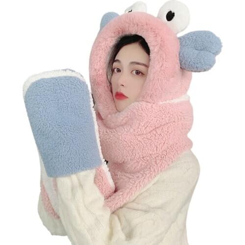 Women Winter Warm 3 In 1 Fuzzy Plush Cartoon Eye Ear Hooded Scarf Hat Gloves Set Y1AC