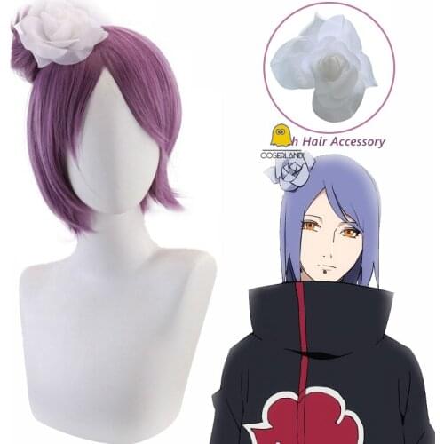 Anime Boruto Konan Cosplay Wig + Flower Hair Accessory Women Purple Wig Heat Resistant Hair with Wig Cap Halloween Party Wig