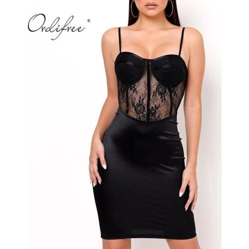 Ordifree 2021 Summer Women Satin Party Dress Spaghetti Strap Black Lace Sexy Bodycon Silk Slip Dress
