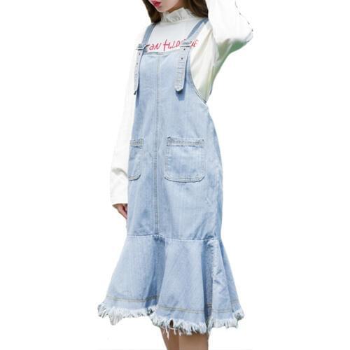 Spring Summer Long Denim Dress Women Ruffle Sweet Casual Sleeveless Strap Dresses Girl Women Clothes Blue Jeans Pocket Dresses