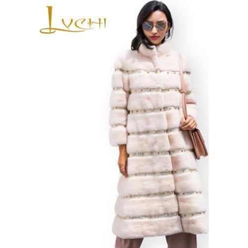 LVCHI Winter 2019 Real Mink Fur Coats Womens Mandarin Collar Nine Quarter Coat Long Full Pelt Causal Fashion Slim Mink Coats