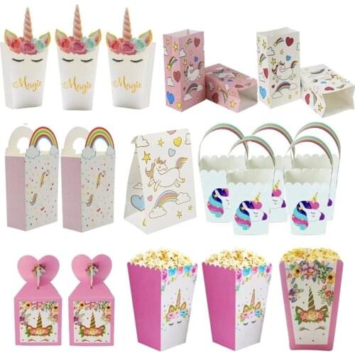 Unicorn Party Paper Popcorn Gift Box Candy Cookies Bags 1st Kids Happy Birthday Party Favors Decorations Baby Shower Supplies