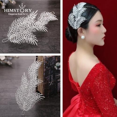 Himstory Feather Crystal Wedding Hair Accessories Clear Leaves Rhinestone Bridal Hairwear Engagement Hair Accessory