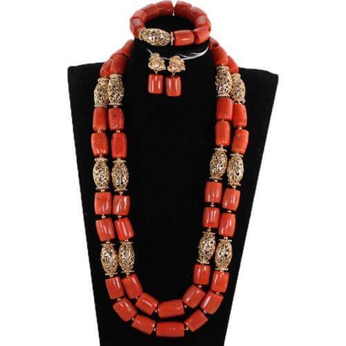 African Real Coral Beads Necklace Set Dubai Gold Statement Long Necklace Coral Jewelry Set Original Coral Jewelry CNR861