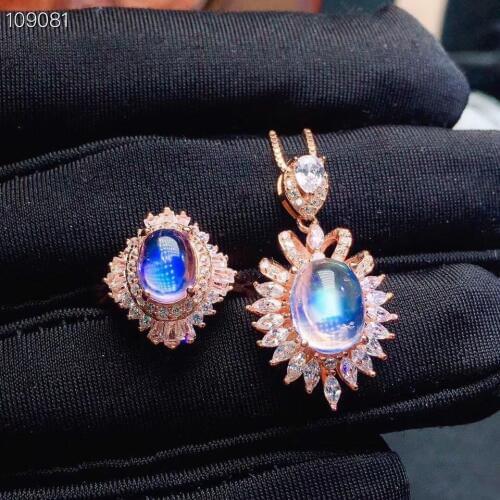 Lovely Talonpaw Sun flower S925 silver natural blue moonstone gem ring pendant natural gemstone jewelry set girl gift jewelry