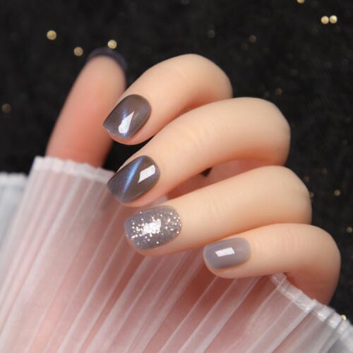 24pcs/box Wearable Finger Fake Nails press on Blue Grey Aurora Effect short size full cover Summer Patch fake Fingernail tips