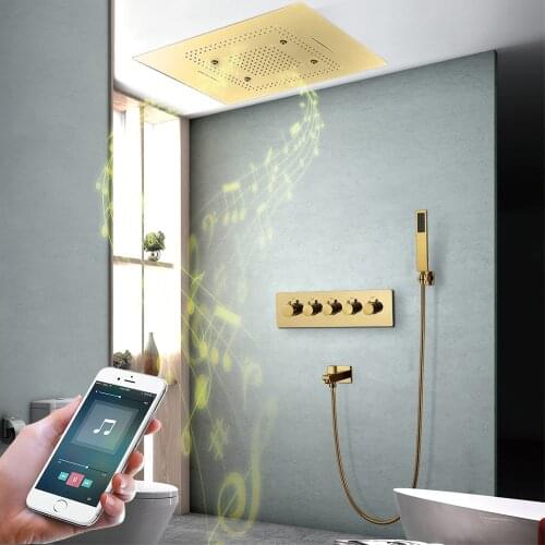Bluetooth Music Shower Heads Polished Gold Shower Systems Brass Shower Faucets Spout Taps 600*800mm Showerheads