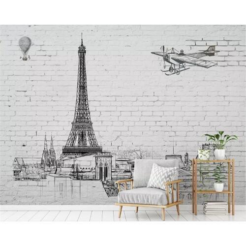 Beibehang wall papers home decor Black and white tower airplane white brick pattern city fashion photo wall 3d wallpaper mural