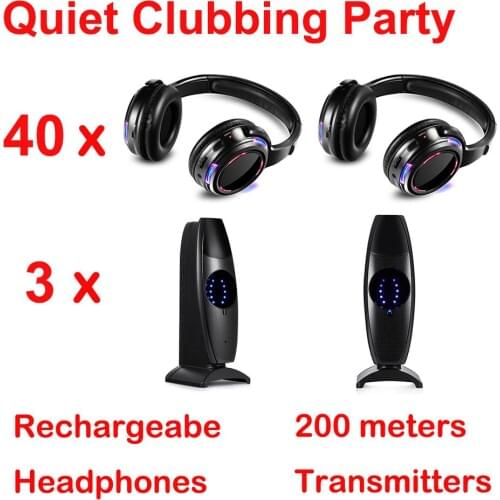 Silent Disco complete system black led wireless headphones package (40 Headphones + 3 Transmitters)