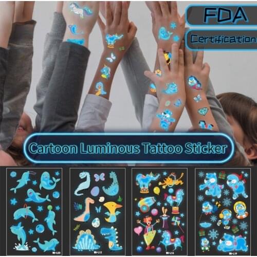 1PC 2021 New Children Waterproof Cute Cartoon Dinosaur Space Ocean Mermaid Cartoon Blue Luminous Temporary Tattoo Reward Sticker