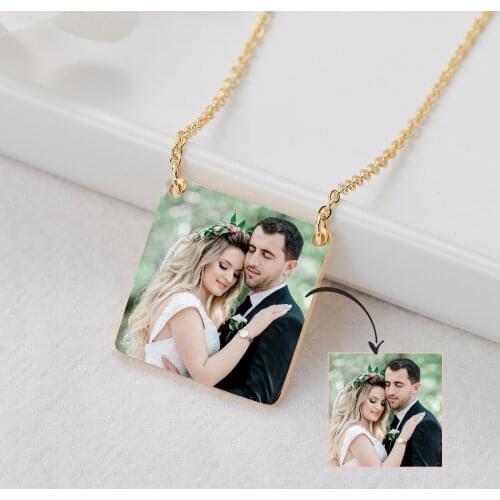 Personalized Photo Necklace Square Pendant Custom Stainless Steel Photo Jewelry Couple Anniversary Gift Carved Accessories