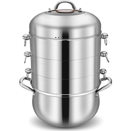 4-layers 304 Stainless Steel Steamer Pot with Transparent Lid Thicken Without Holes Steamer Rice Food Steam Pot Fast Boilers