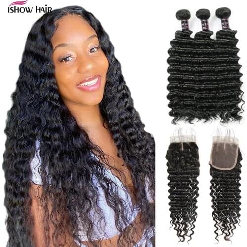 Ishow Peruvian Deep Wave 3 Bundles With Lace Closure Baby Hair 100% Human Hair Bundles With Closure 4Pcs Non Remy Hair Weave