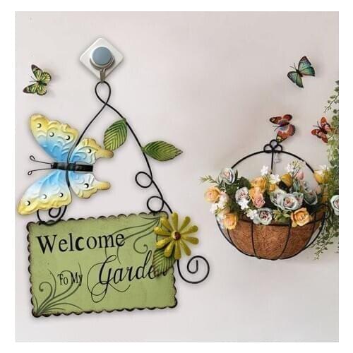 Garden Themed Welcome Sign for Front Door Porch Hanging Ornament Metal Yard Flower Welcome Wall Plaque Butterfly Art Decoration