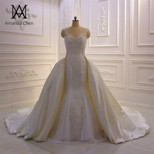 Robe de mariee 2020 Cap Sleeve Lace Applique Pearls Wedding Dress with Detachable Train