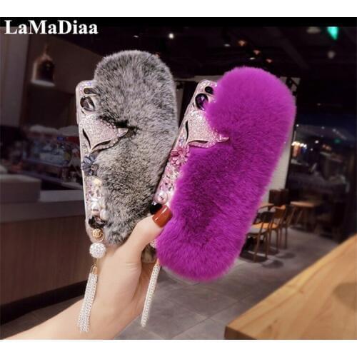 Warm Rabbit Fur Hair Plush Phone Case For iPhone 11 Pro MAX 6 6s 7 8 Plus XR Xs Max Luxury Diamond Pendant Bling Soft Back Cover