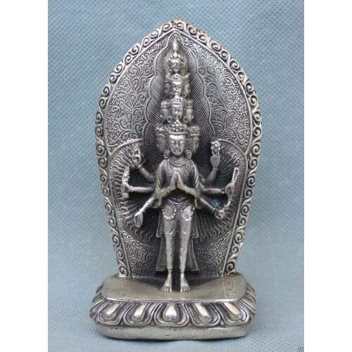 H 155mm Decorated Tibetan Buddhism Silver 1000 Arms Avalokiteshvara of Goddess Guan Yin Decoration real Silver Brassroom Art