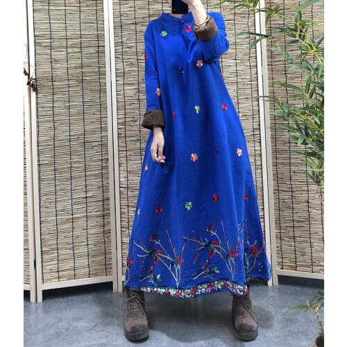 Vintage Cotton Linen Jacquard Dress A Version Of Retro Autumn and Winter Plus Velvet Robe Femme New Fashion Loose Vestidos f2504
