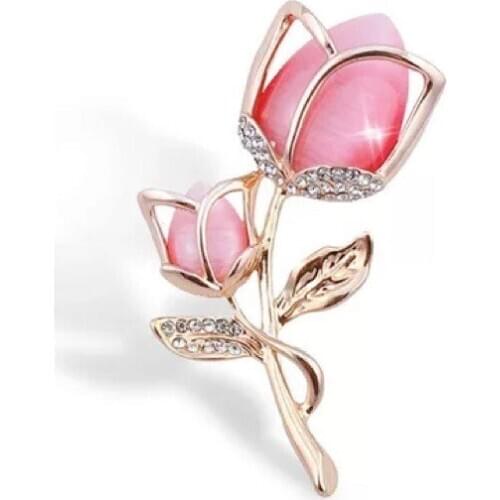 HOSENG Tulip Pink Flower Crystal Rhinestone Plant Golden Brooch Elegant Womens Clothing Accessories HS_5464