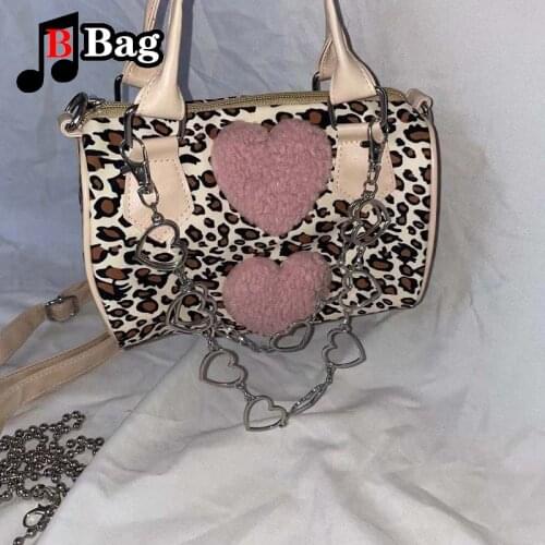 Harajuku Y2K Womens Leopard Print Handbag shoulder bag Hot Girl Heart Plush Underarm bag Lady Gothic chain messenger bag Tote