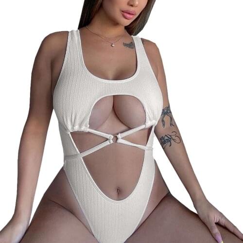 Women Solid Color Romper, Adults Slim Fit Sleeveless Hollow Out U-shaped Neck O-ring Playsuit